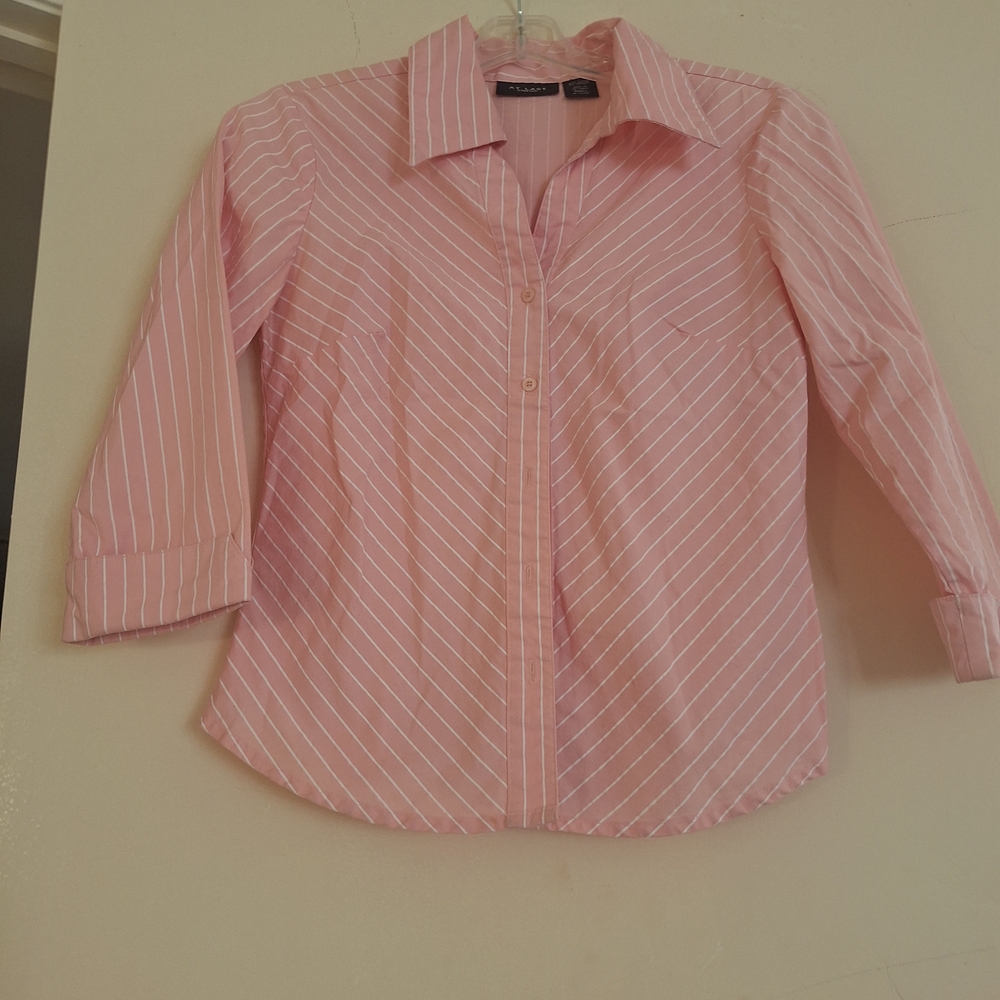 At Last Pink and White Striped Button Down Shirt